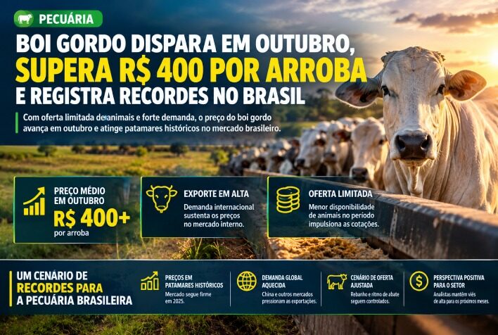 Boi gordo dispara em outubro, supera R$ 400 por arroba e registra recordes no Brasil