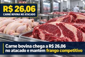 Carne bovina chega a R$ 26,06 no atacado e mantém frango competitivo