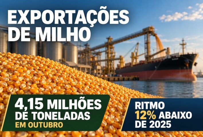 Exportações de milho somam 4,15 milhões de toneladas em outubro, mas ritmo fica 12% abaixo de 2025