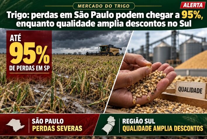 Trigo: perdas em São Paulo podem chegar a 95%, enquanto qualidade amplia descontos no Sul